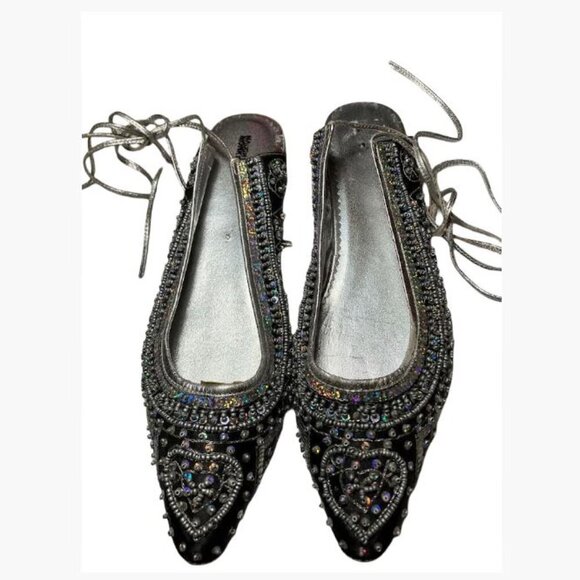 Naughty Monkey Flat Ballet-Style Sequin-Covered Shoes with Ties Size 8.5  EUC - Picture 2 of 11